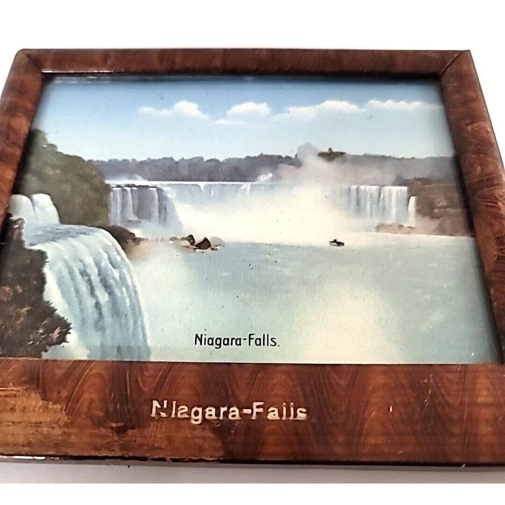 Niagara Falls Lithograph Print & Wooden Picture Frame Easel Stand Back 4.5